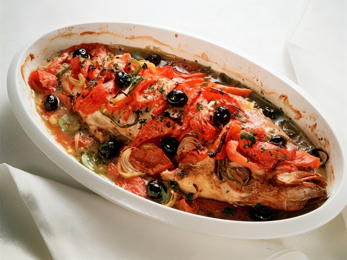 Baked Sea Bass with Tomatoes, Oranges, and Saffron – Russian recipe