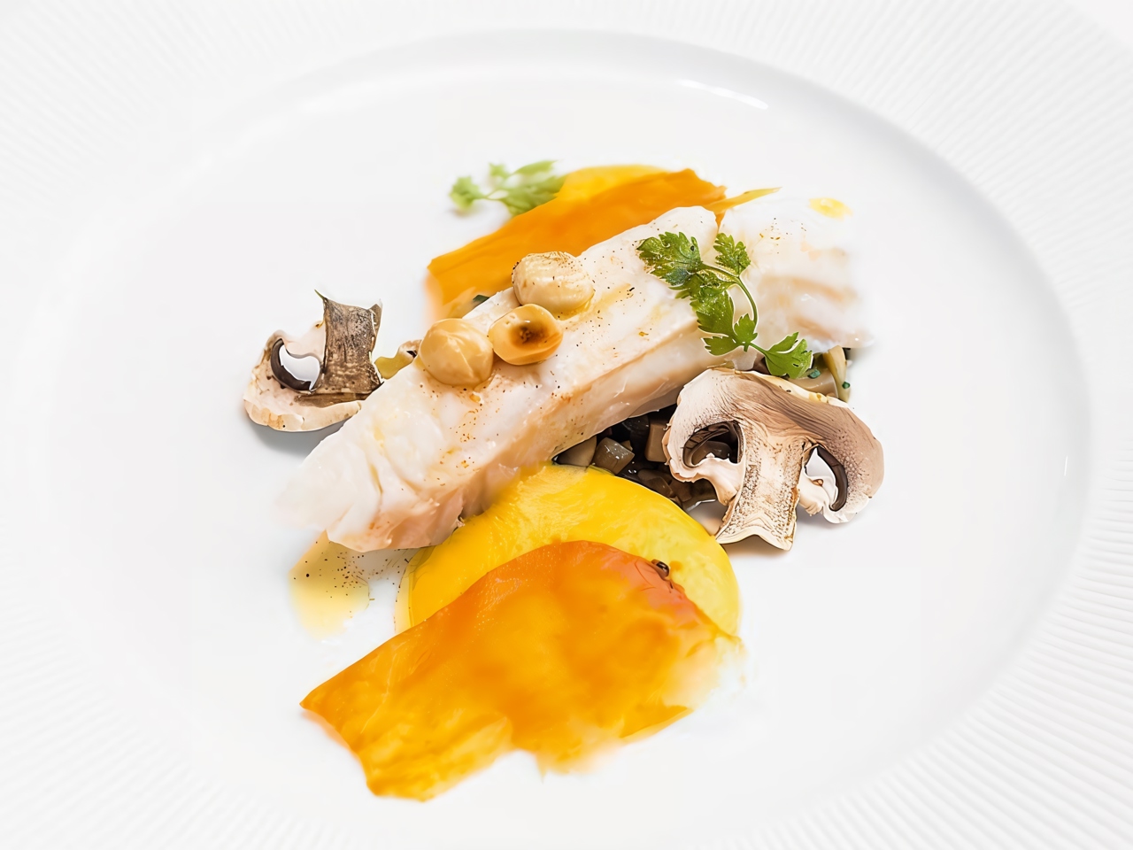 Turbot with Sweet Potato Foam and Mushroom Fricassee