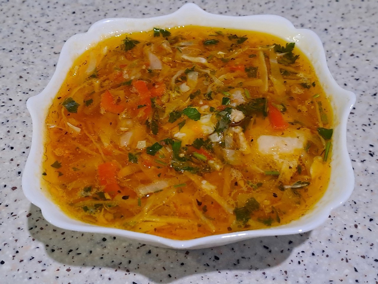 Borscht with Pork Shoulder, Red Bell Pepper, and Parsley