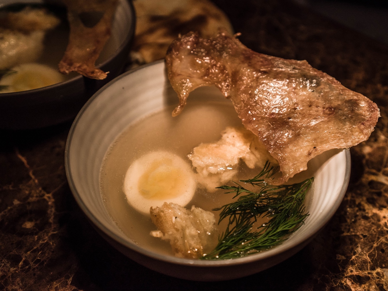 Chicken Broth with Egg and Chicken Skin Chip
