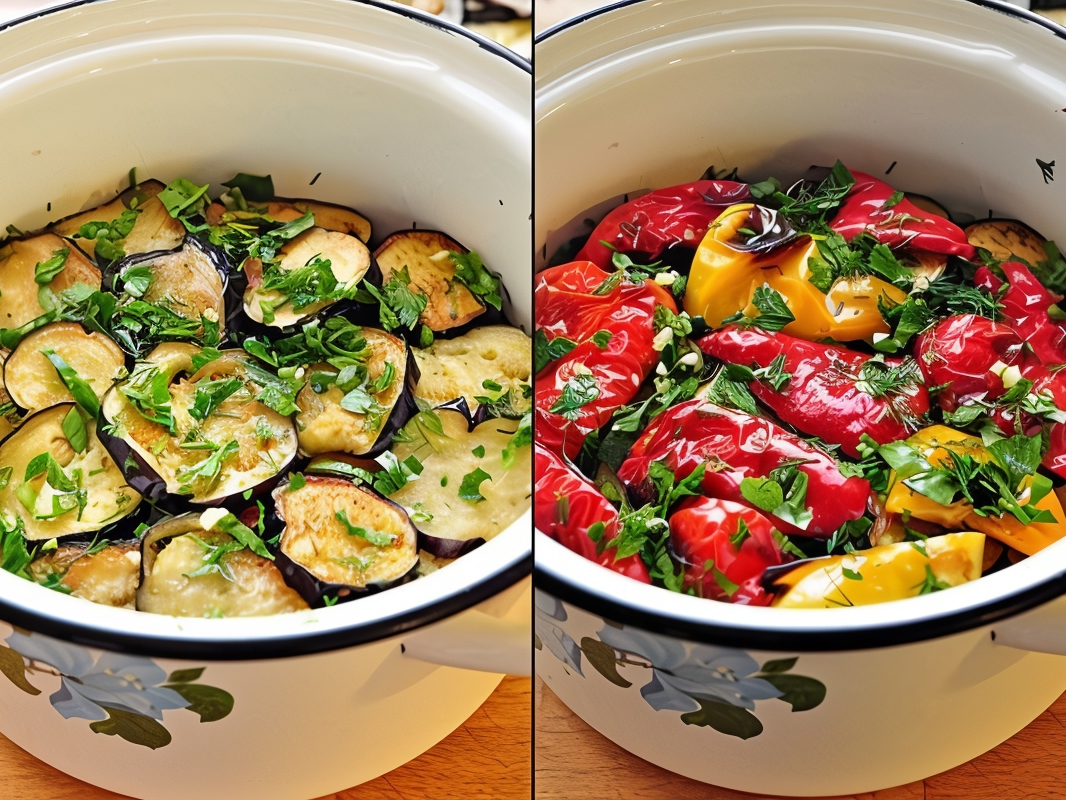 Appetizer of Marinated Eggplants and Grilled Peppers – Russian recipe