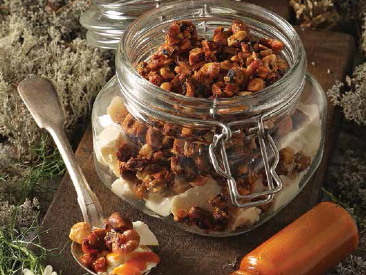 Daisy Pudding with Caramelized Nuts and Sea Buckthorn