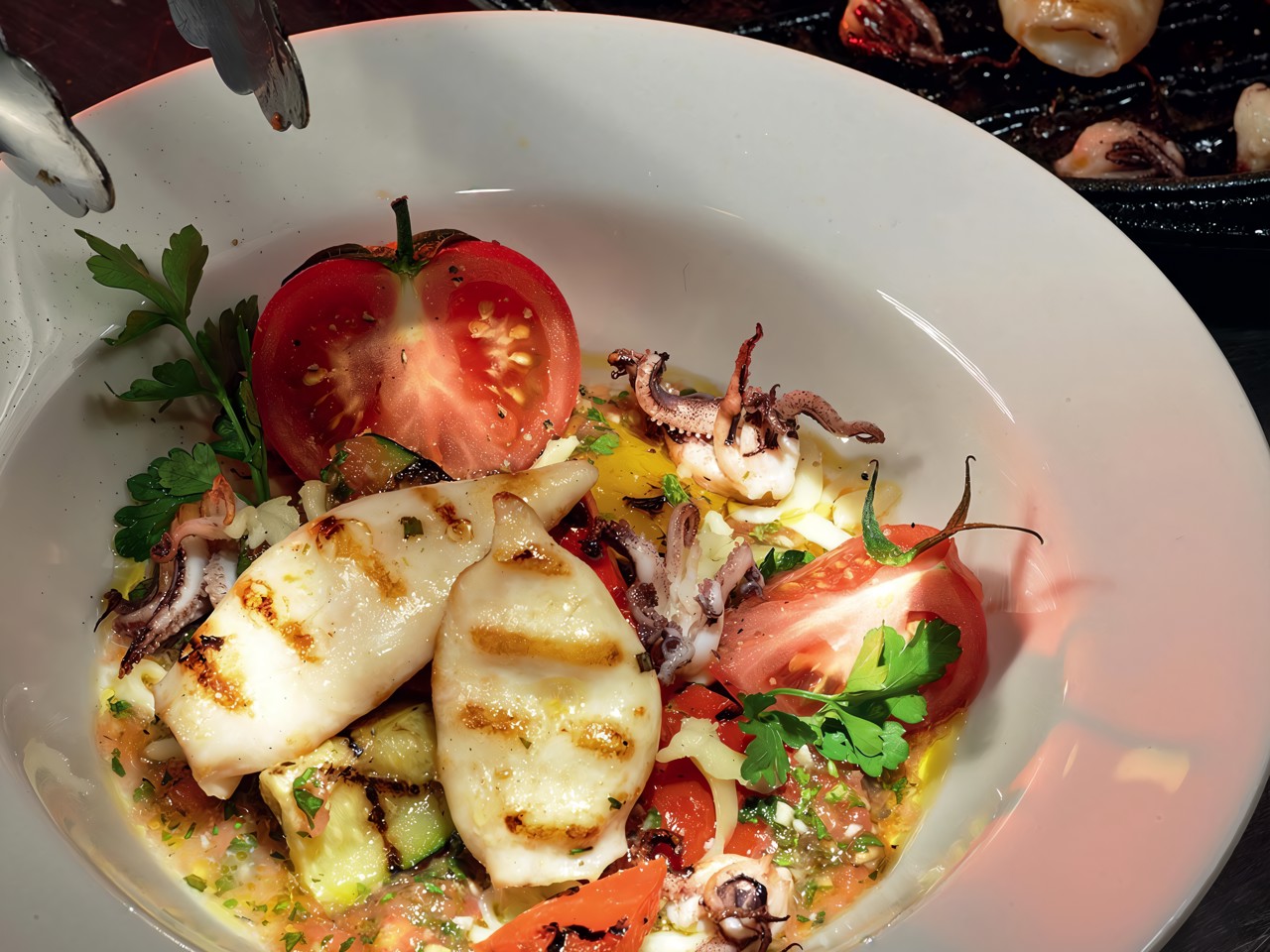 Squid Salad with Vegetables and Smoked Cheese