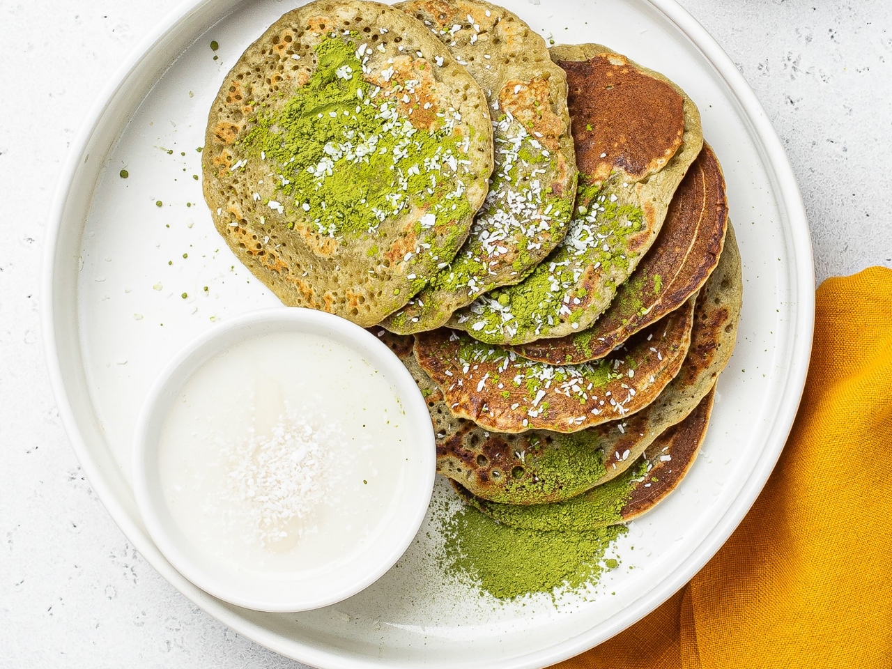 Matcha Pancakes with Coconut Condensed Milk