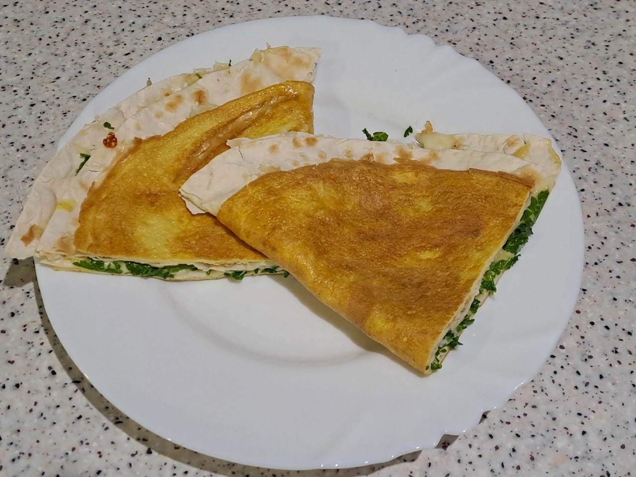 Quick Lavash Breakfast with Eggs, Greens, and Hard Cheese