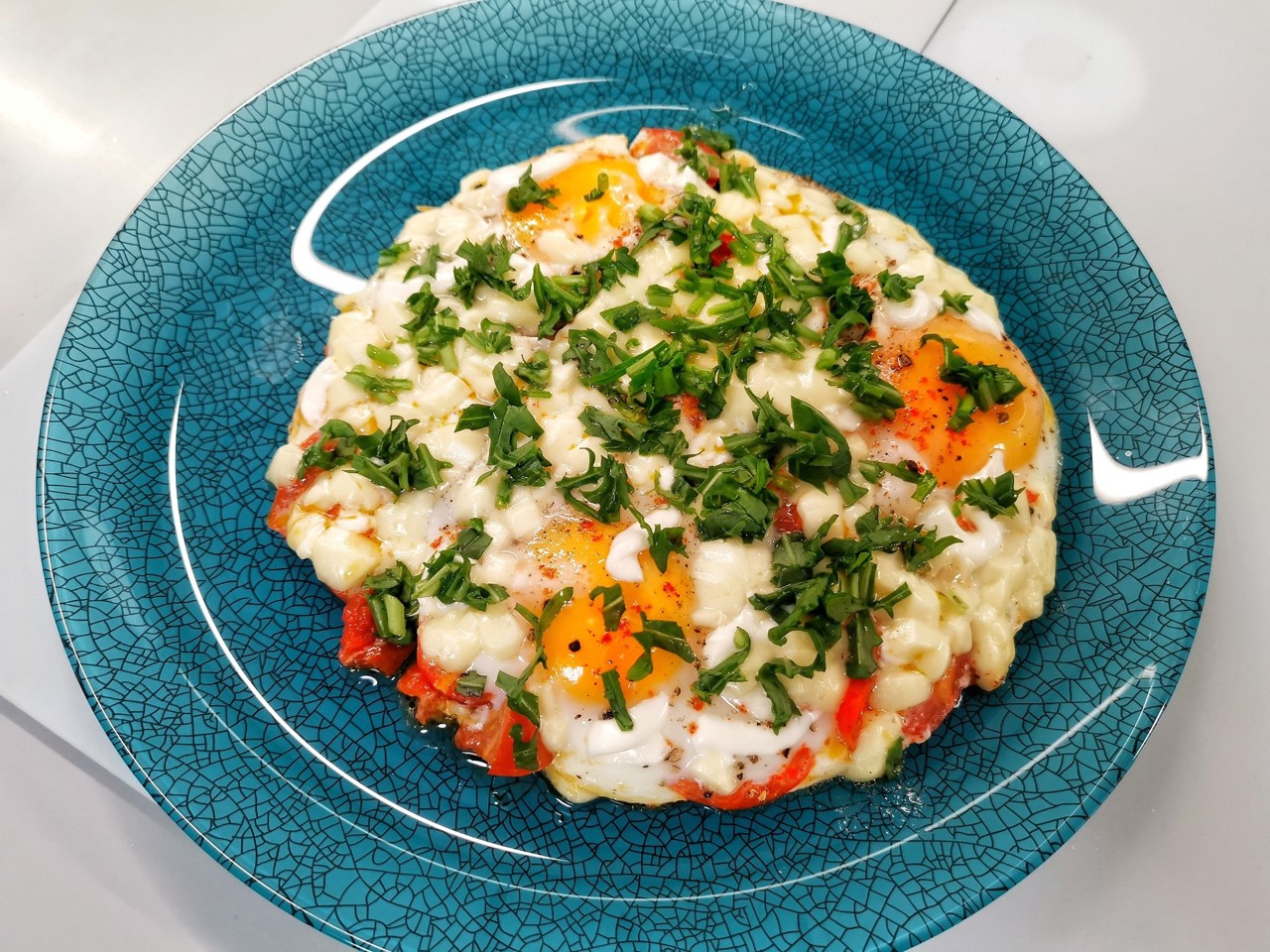 Fried Eggs with Suluguni Cheese
