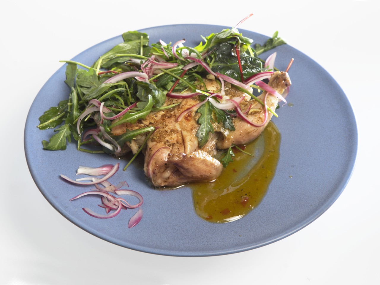 Lemon Chicken with Sweet Chili, Mustard and Honey Sauce, Green Salad and Pickled Onions
