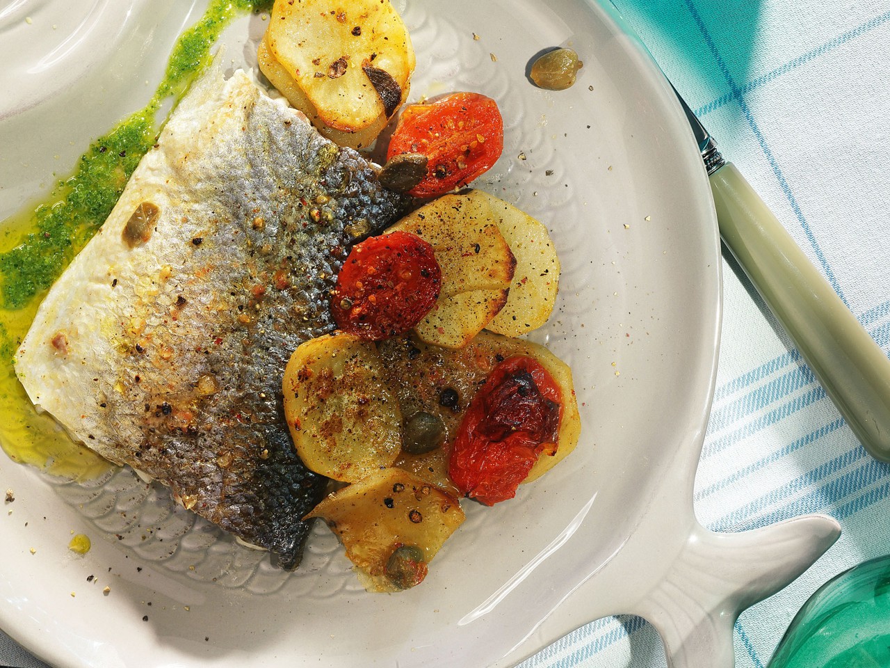 Sea Bass with Potatoes, Capers, and Tomatoes