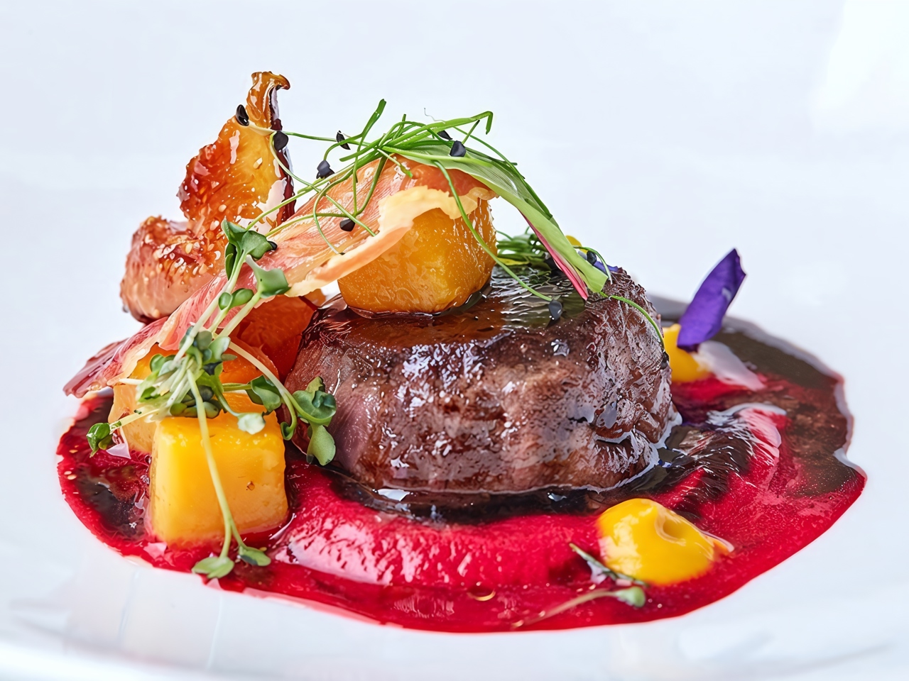 Venison with Beetroot Mousse and Tart Blackcurrant Sauce