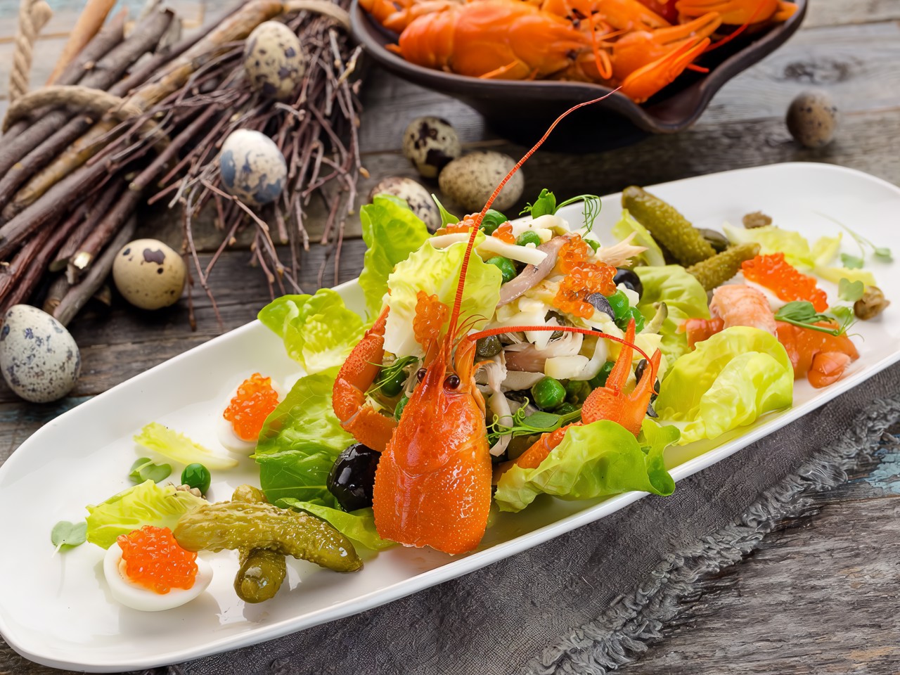 Olivier Salad with Quail and Crawfish Tails
