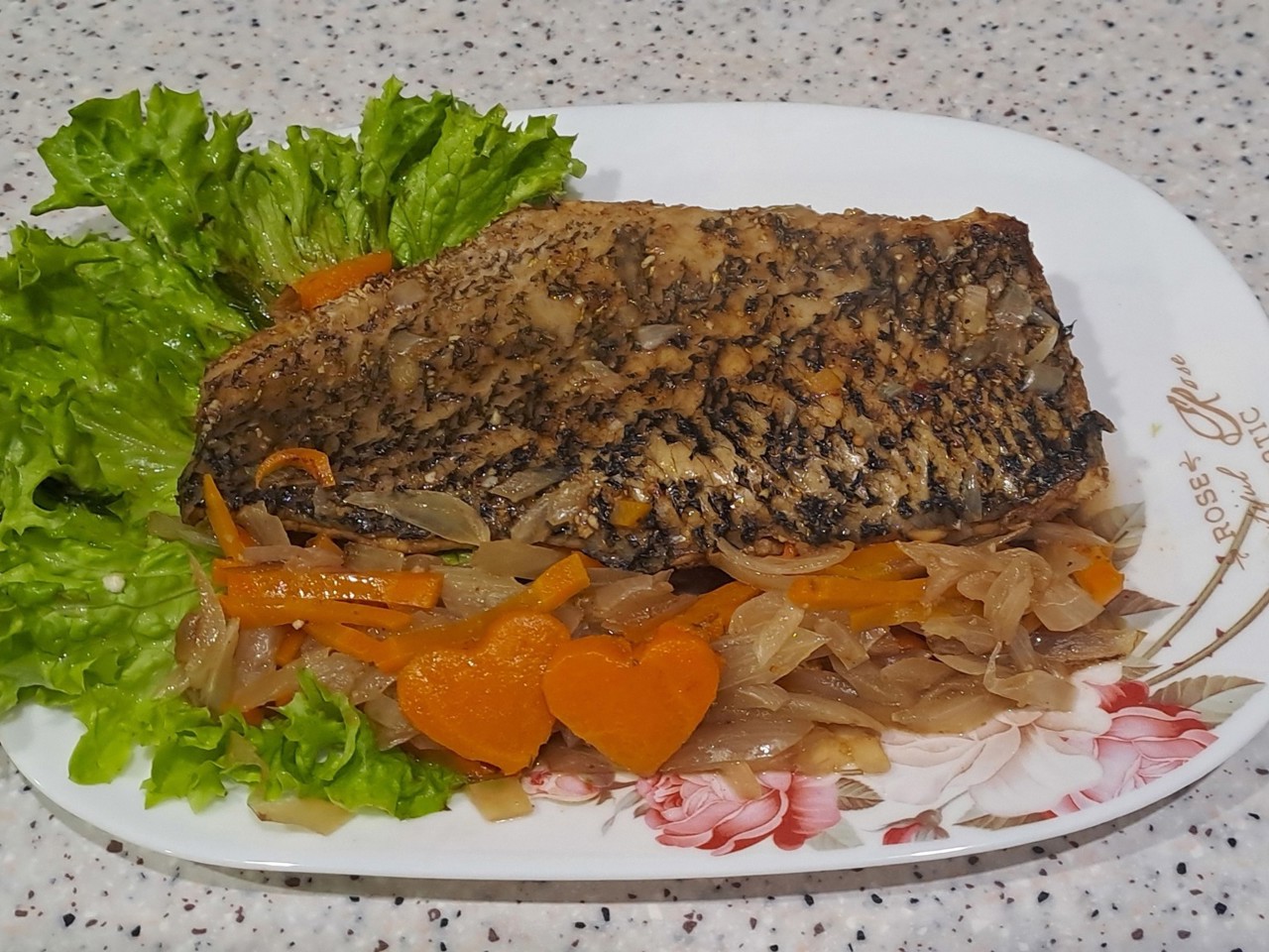 Baked Catfish Fillet with Soy Sauce, Onions, and Carrots
