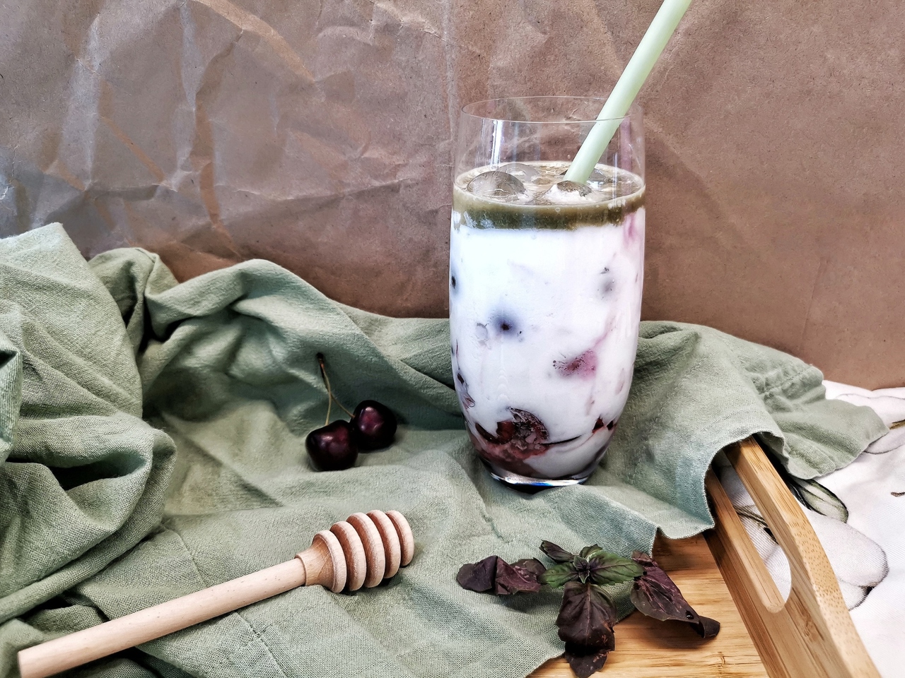Matcha with Coconut Milk and Cherries