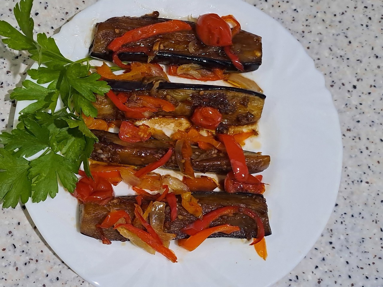Eggplants with Vegetables and Soy Sauce in a Skillet