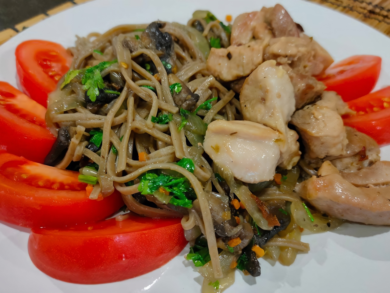 Buckwheat Noodles (Soba) with Mushrooms, Onions, and Turkey