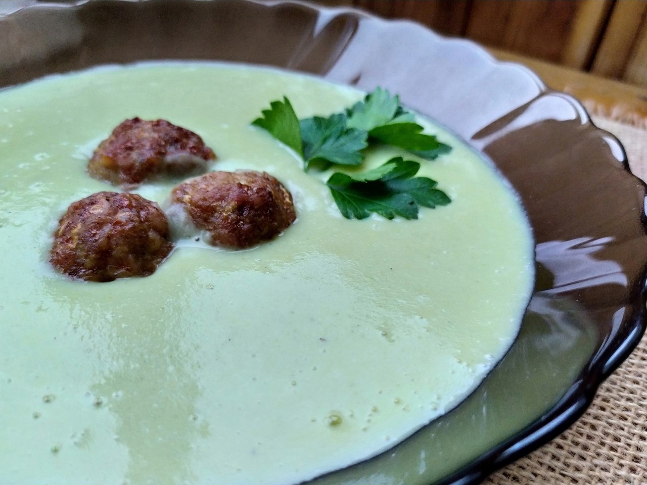Creamy Potato Broccoli Soup with Baked Meatballs