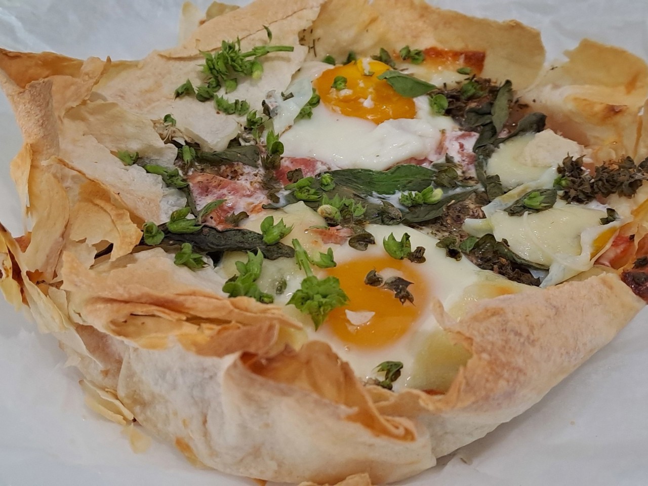 Baked Shakshuka on Lavash with Feta and Basil