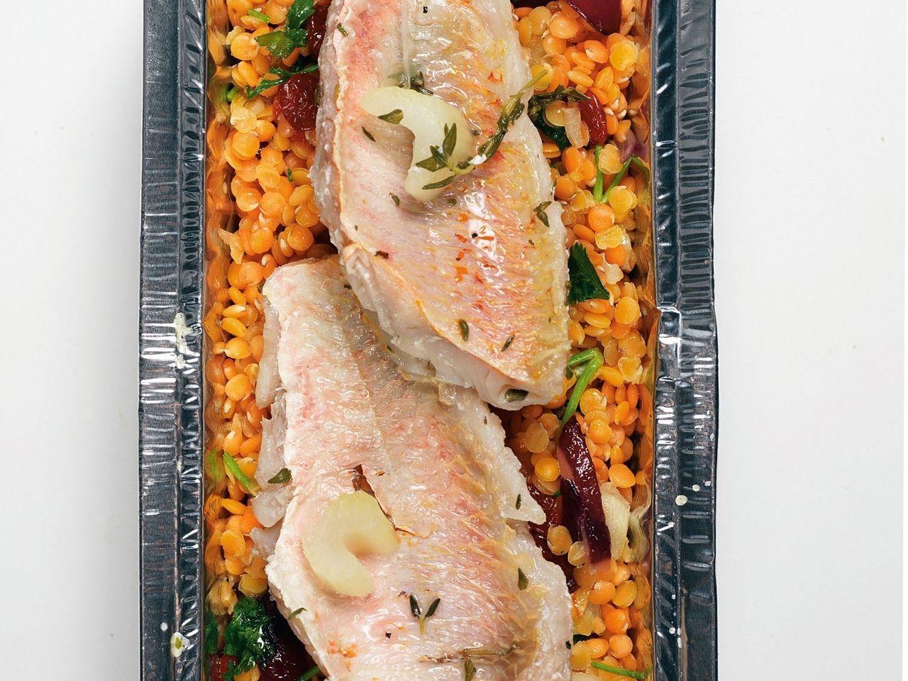 Lentils with Cranberries and Red Mullet