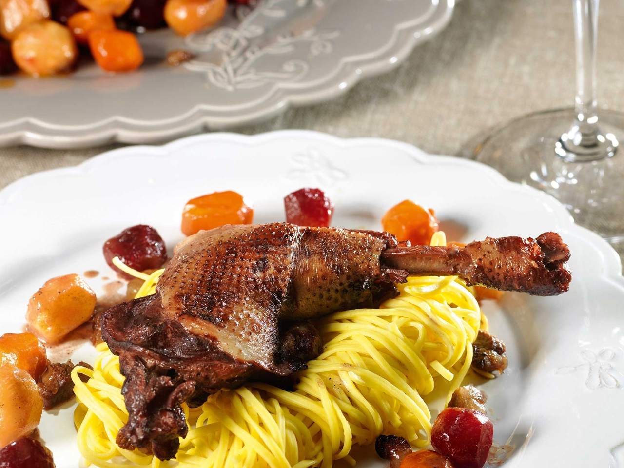 Rooster in Cranberry Broth with Noodles and Glazed Vegetables