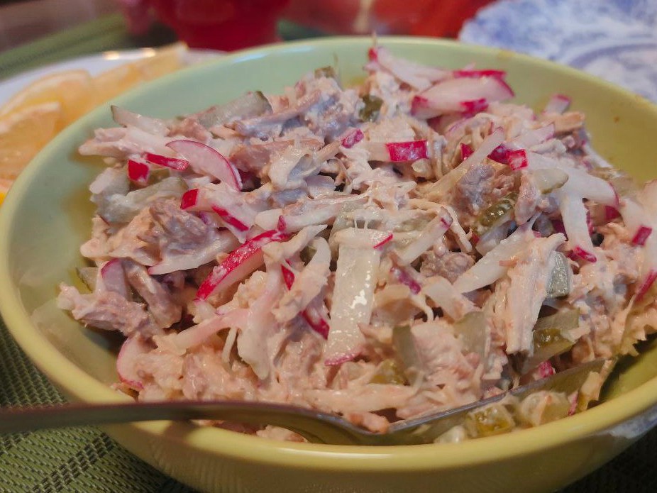 Beef and Chicken Salad with Radishes and Pickles