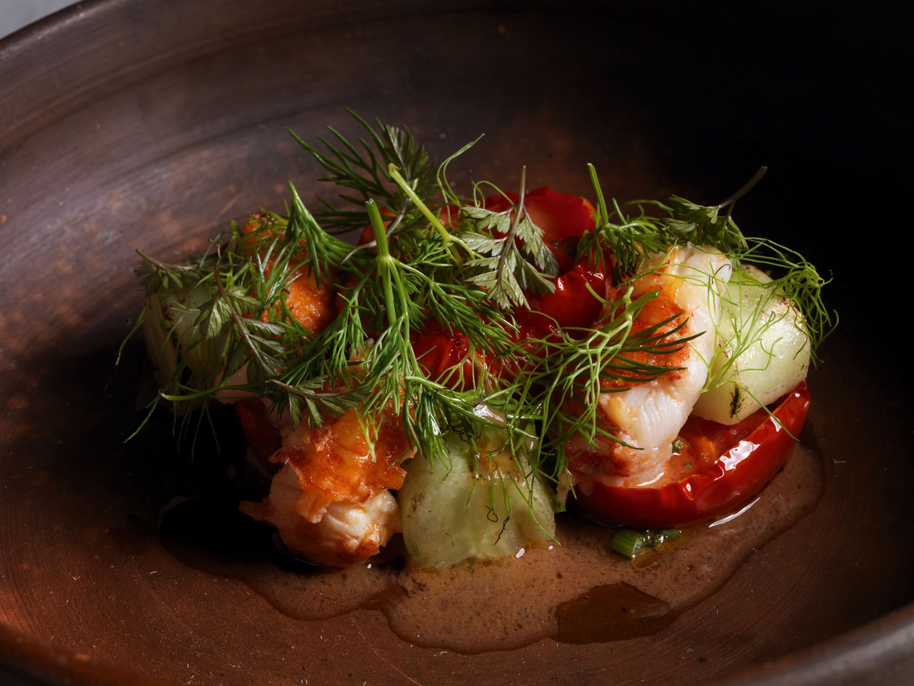 Crayfish with Baku Tomatoes and Fried Cucumbers