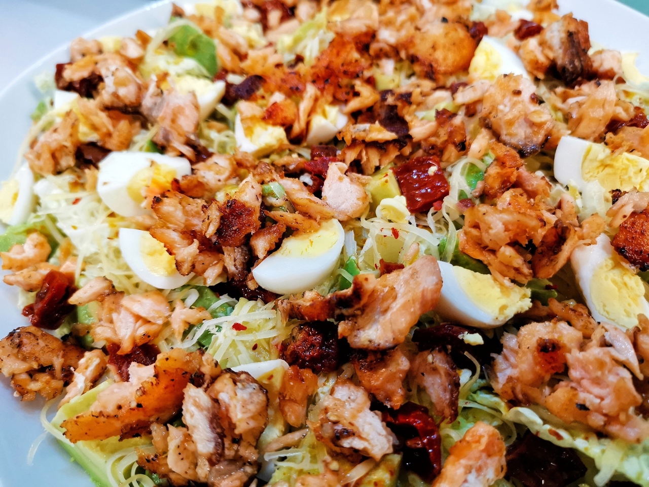 Vegetable Salad with Cheese and Salmon