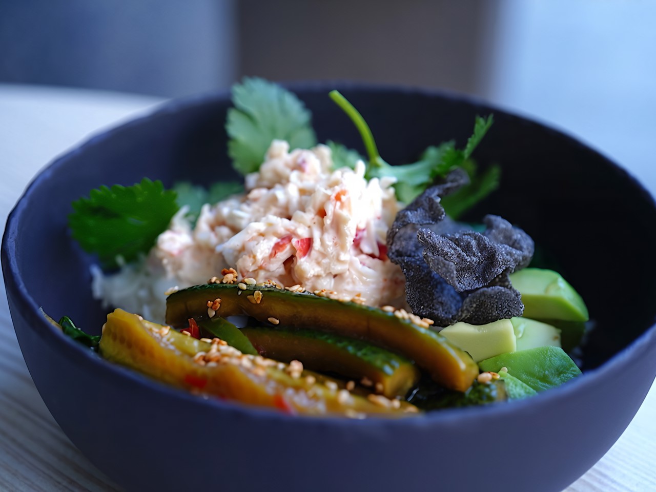 Poke with Crab, Poached Egg, and Smashed Cucumbers