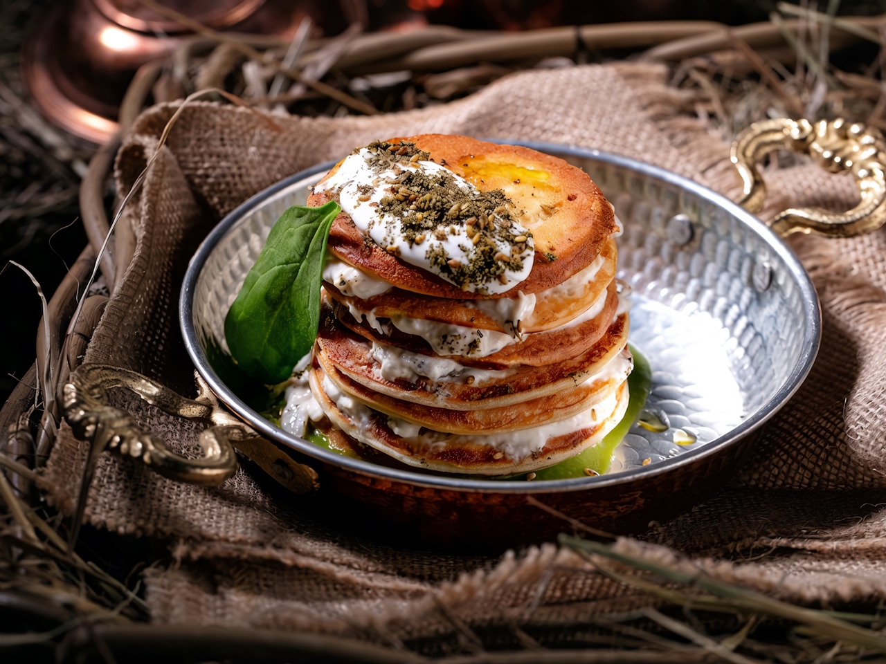 Chickpea Pancakes with Eggplant and Yogurt