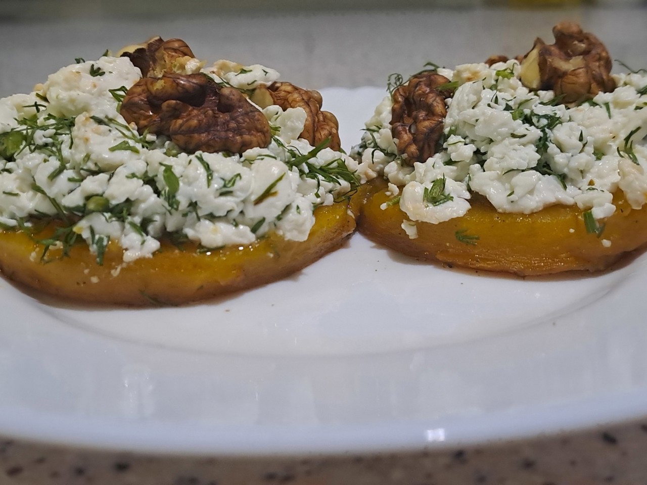 Baked Pumpkin with Cottage Cheese, Nuts, and Herbs