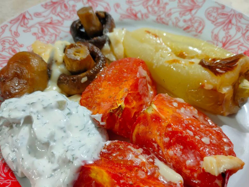 Baked Vegetables and Mushrooms with Sour Cream Sauce