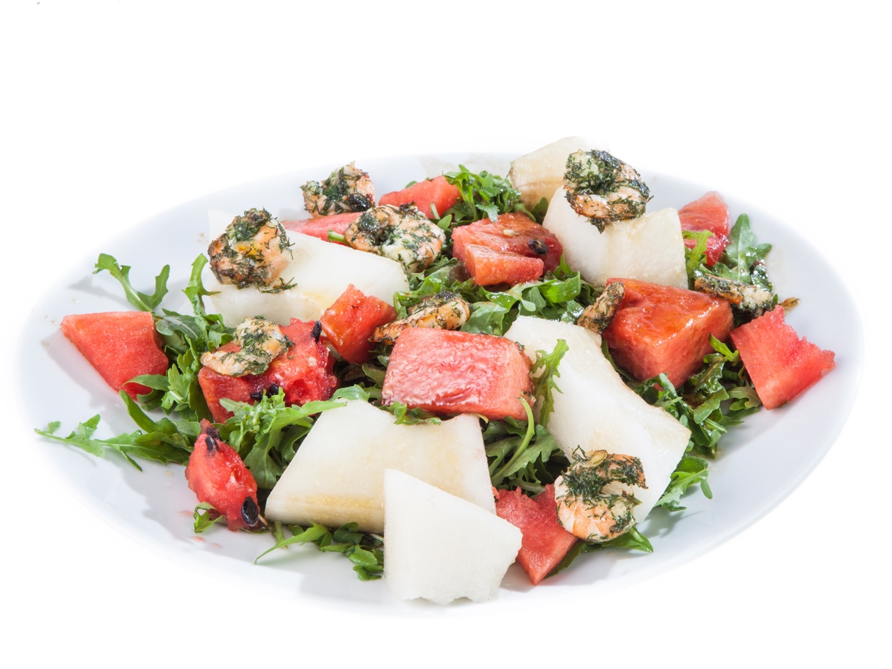 Shrimp Salad with Melon, Watermelon, and Arugula