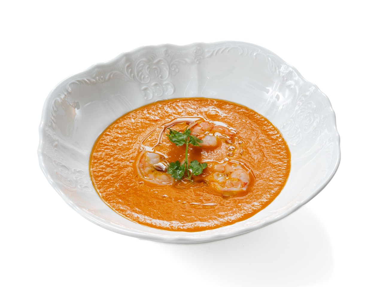 Moroccan Cold Soup with Roasted Peppers and Shrimp