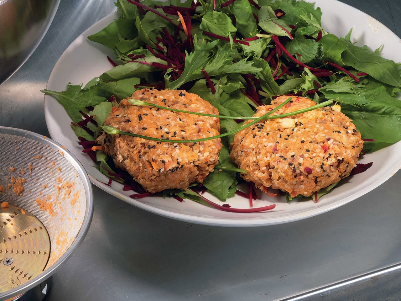 Carrot, Sunflower Seed, and Sesame Burgers with Green Salad and Beetroot