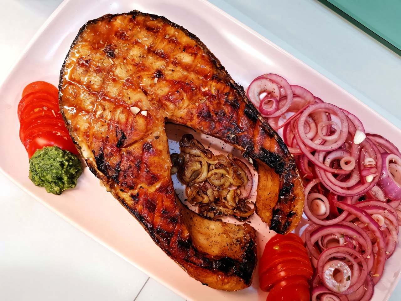 Salmon Steak with Pickled Onions