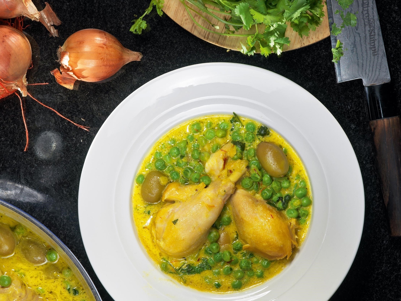 Chicken with Saffron, Olives, and Peas