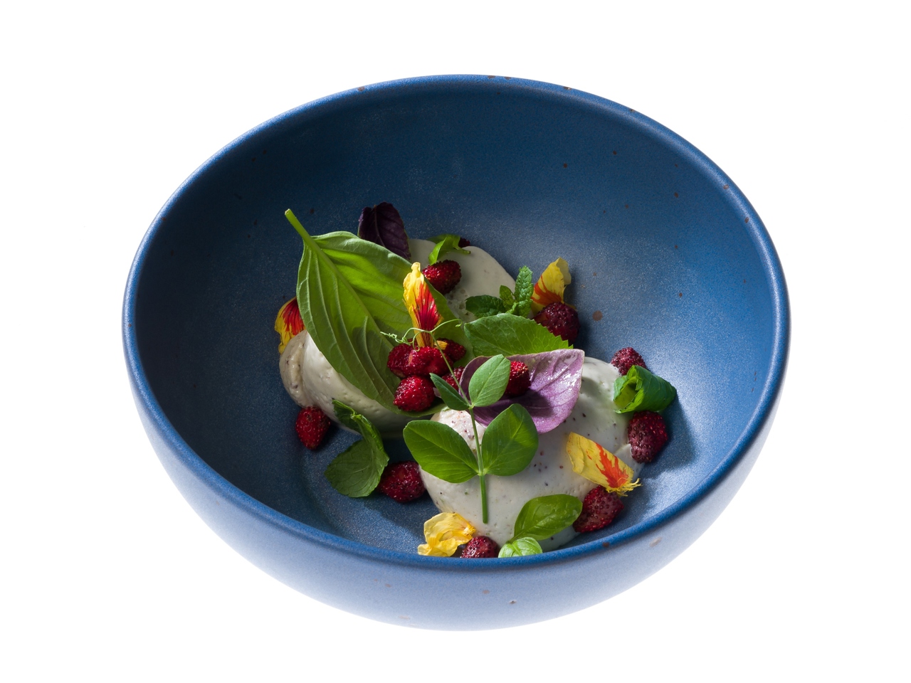 Mousse with Fermented Baked Milk, Strawberries, and Basil