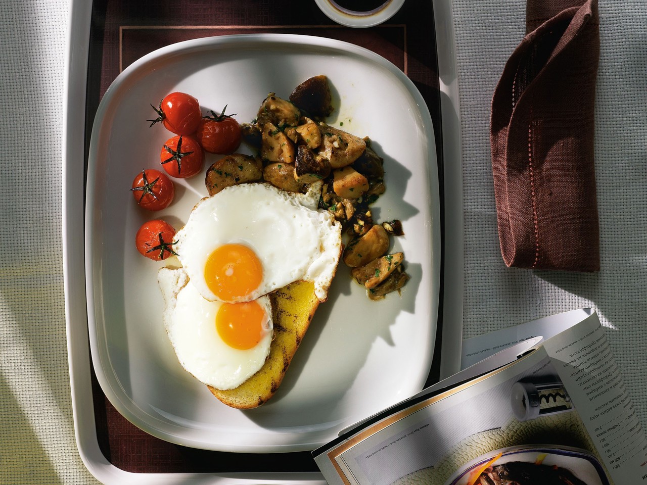 Fried Eggs with Porcini Mushrooms and Roasted Tomatoes