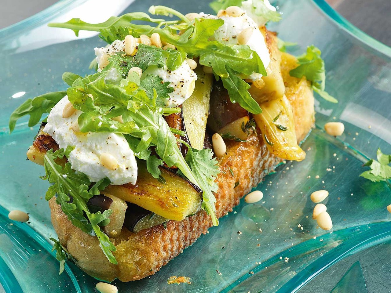 Salad on Country Bread with Eggplants and Goat Cheese