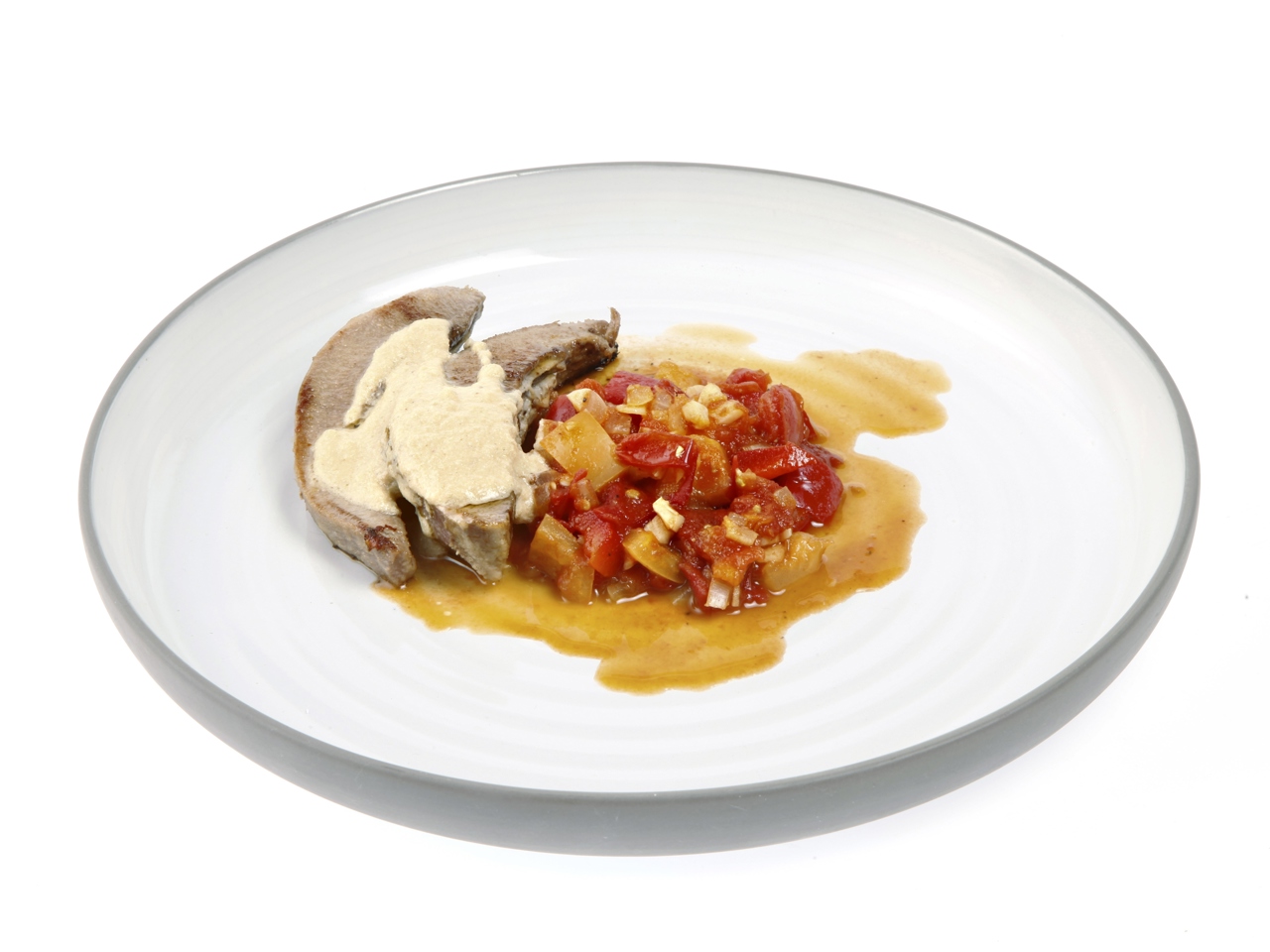 Pork Tongue with Tofu Sauce, Seasonal Peppers, and Tomatoes