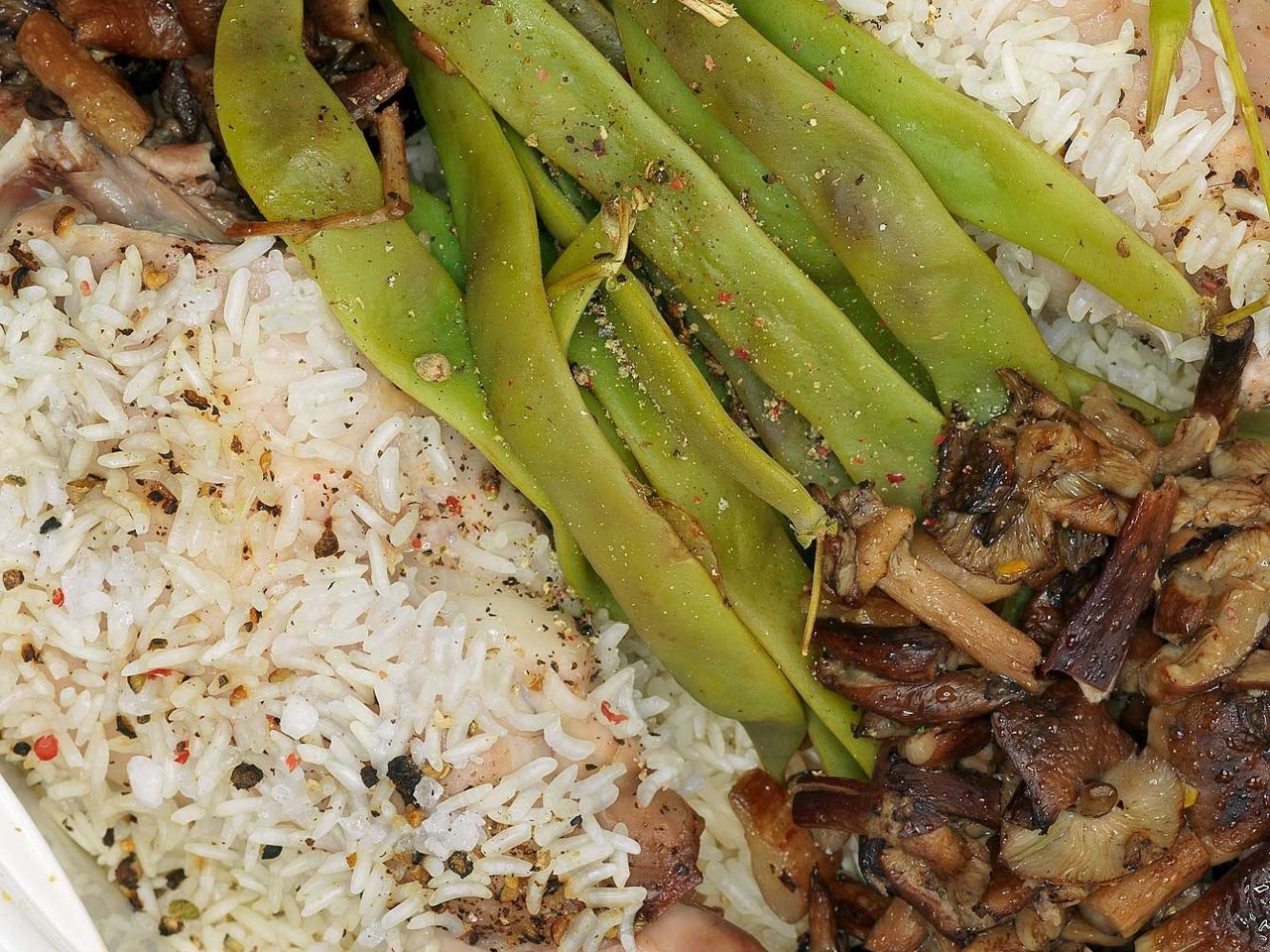 Rabbit with Fried Mushrooms, Basmati Rice, and Green Beans