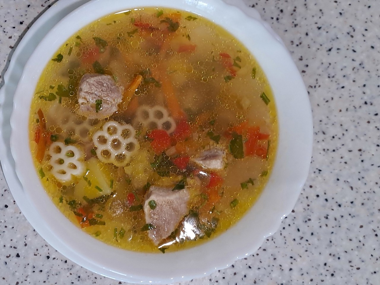 Pork Shoulder Soup with Pasta and Bell Peppers