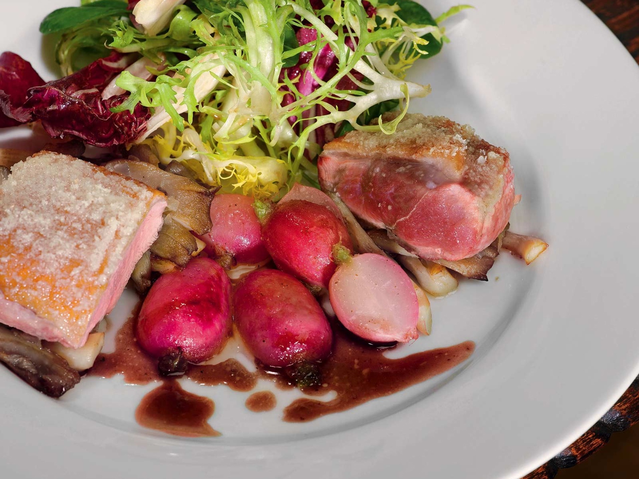 Duck Fillet with Almonds, Sautéed Oyster Mushrooms, and Braised Radishes
