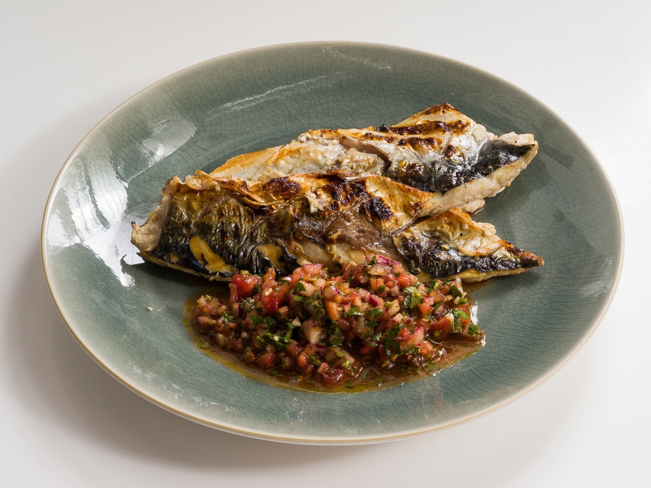 Grilled Mackerel with Tomato Chimichurri