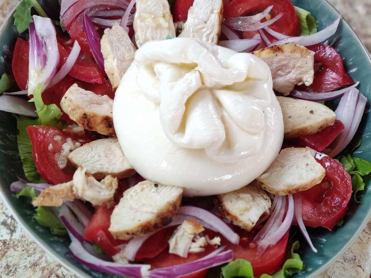 Salad with Burrata, Tomatoes, and Grilled Chicken