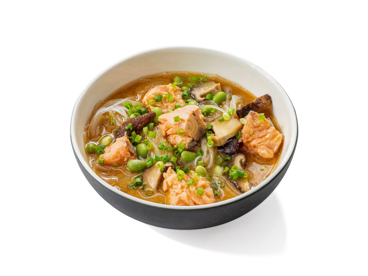 Cold Miso Soup with Salmon, Shiitake Mushrooms, and Edamame