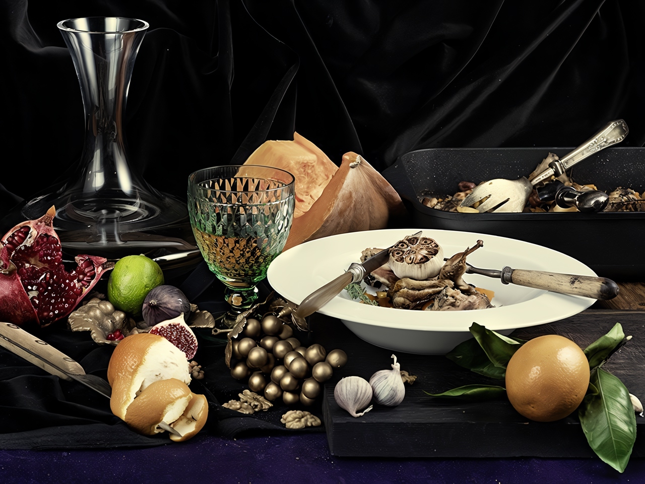 Rabbit with Quail, Pumpkin, and Peaches