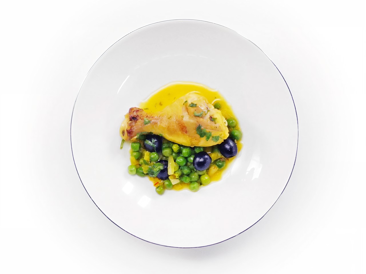 Chicken Drumsticks with Saffron, Olives, and Peas