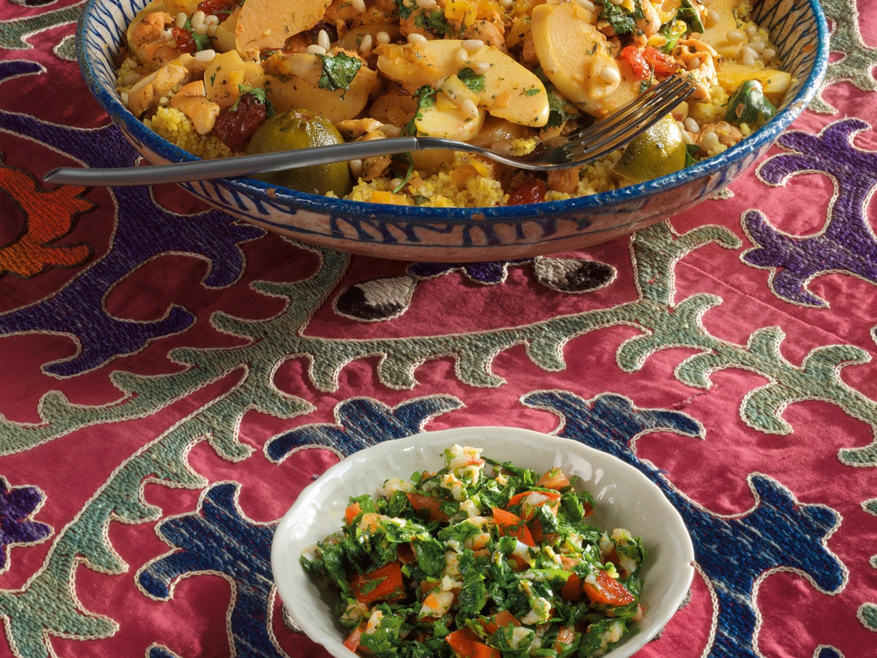 Couscous with Chicken, Quince, Saffron, Dried Apricots, and Dried Cherries