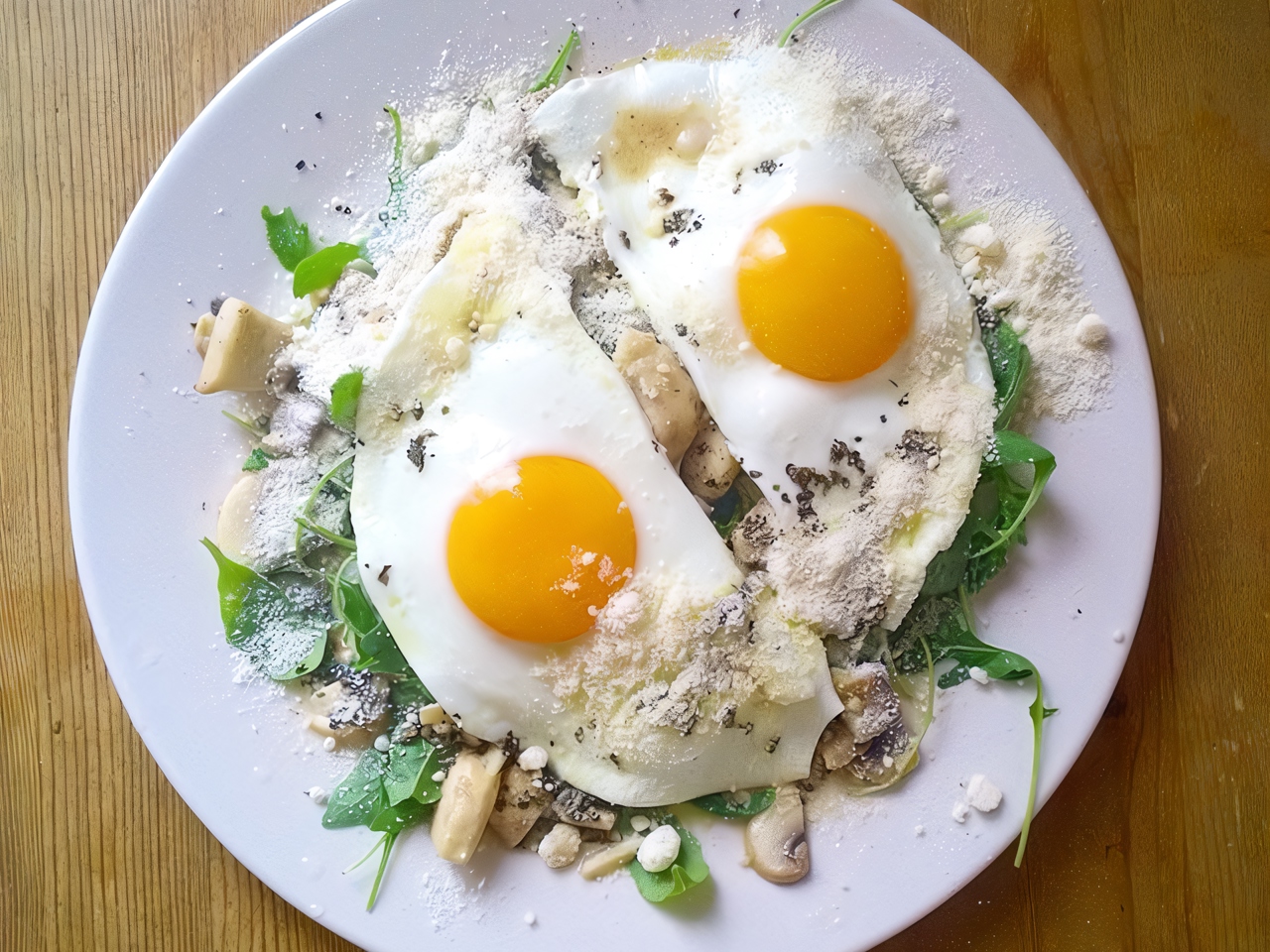 Salad with Sautéed Mushrooms and Fried Eggs