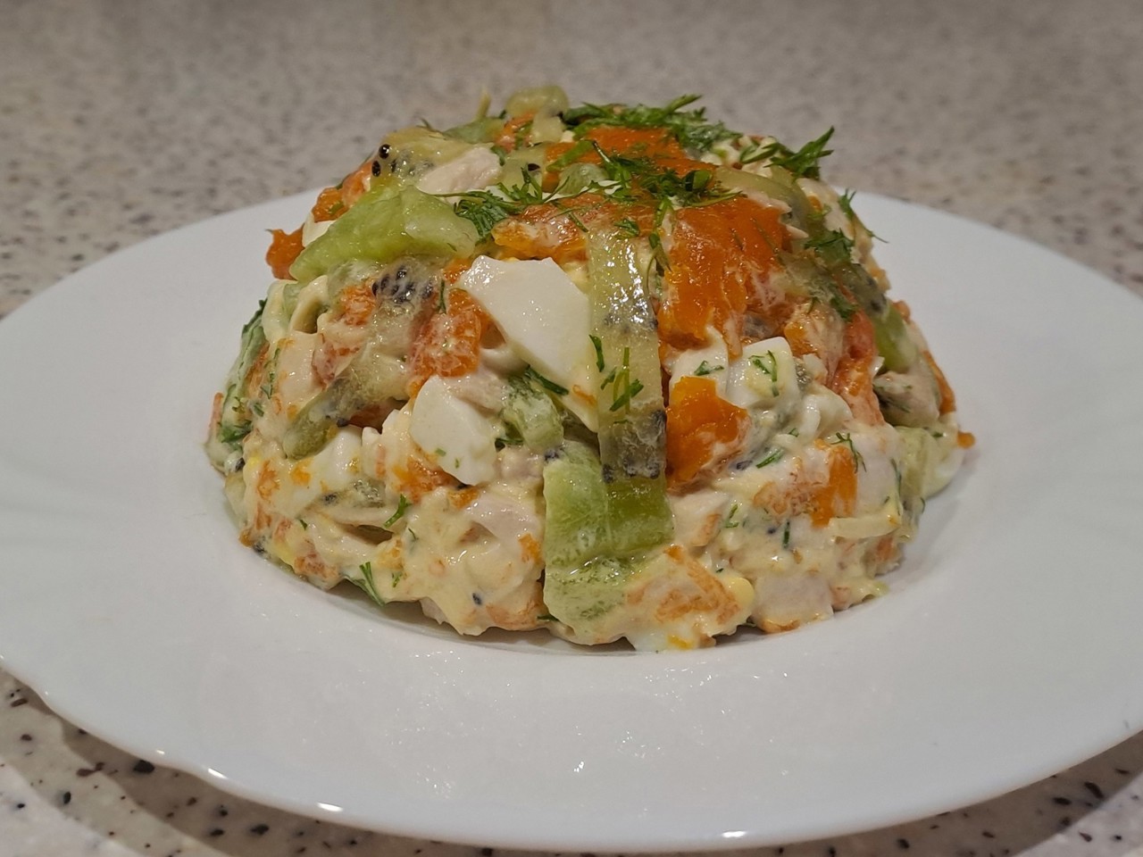 Light Salad with Chicken Breast, Roasted Pumpkin, and Kiwi