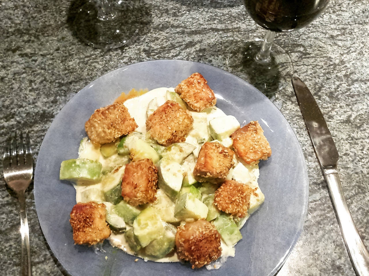 Sesame Salmon on a Zucchini Bed